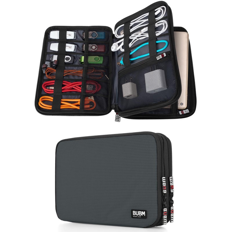 BUBM Double Layer Electronic Accessories Organizer, Travel Gear Bag for Cables, USB Flash Drive, Plug and More, Perfect Size Fits for iPad mini (Medium, Gray) - Image 1